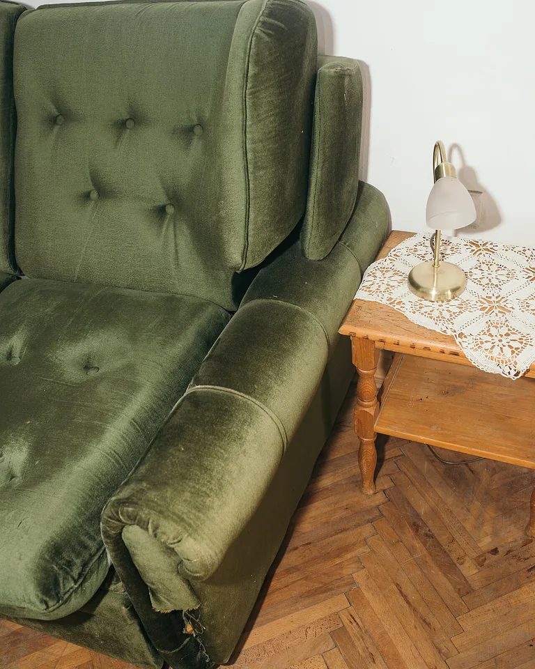 Swivel accent chair in a living room seating area