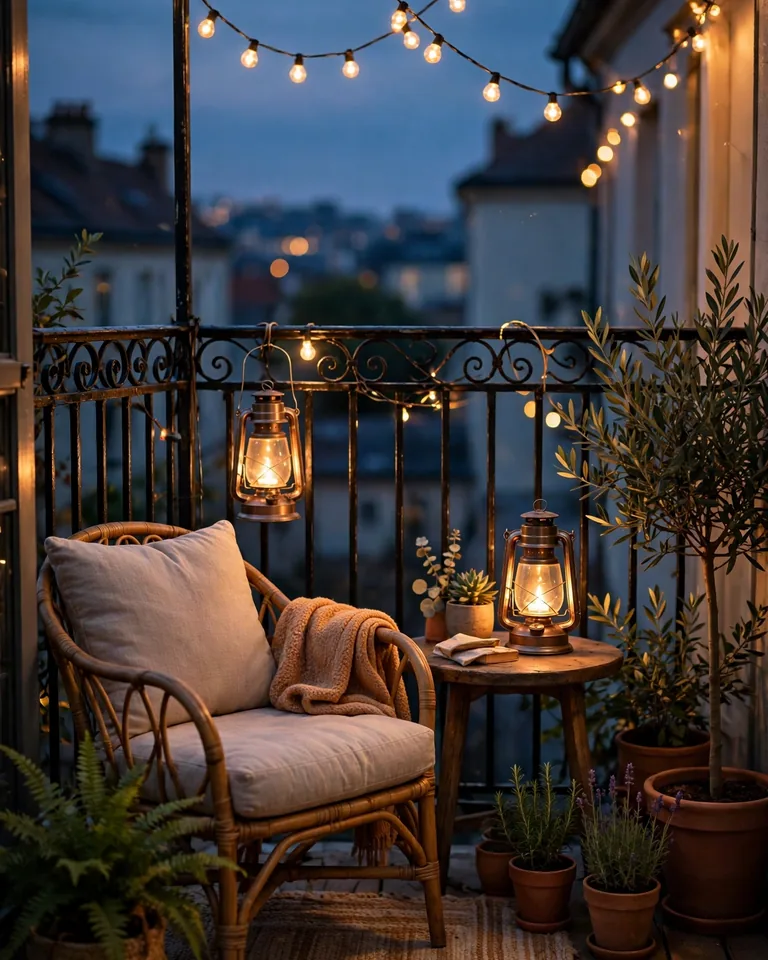 12 Small Balcony Color Palette Ideas That Make Tiny Outdoor Spaces Look Bigger 9 balcony-palette-blog-evening-lights