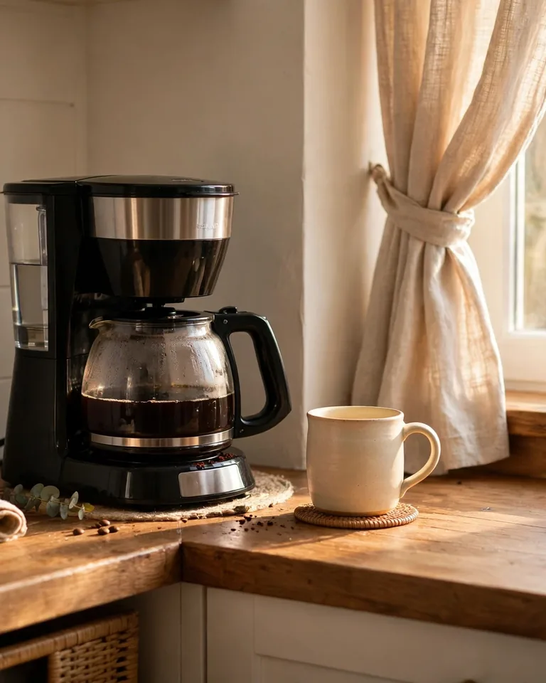 12 Bedroom Coffee Station Ideas That Bring the Morning Brew to Your Room 1 Coffee maker on a wooden counter with morning light in a cozy home corner