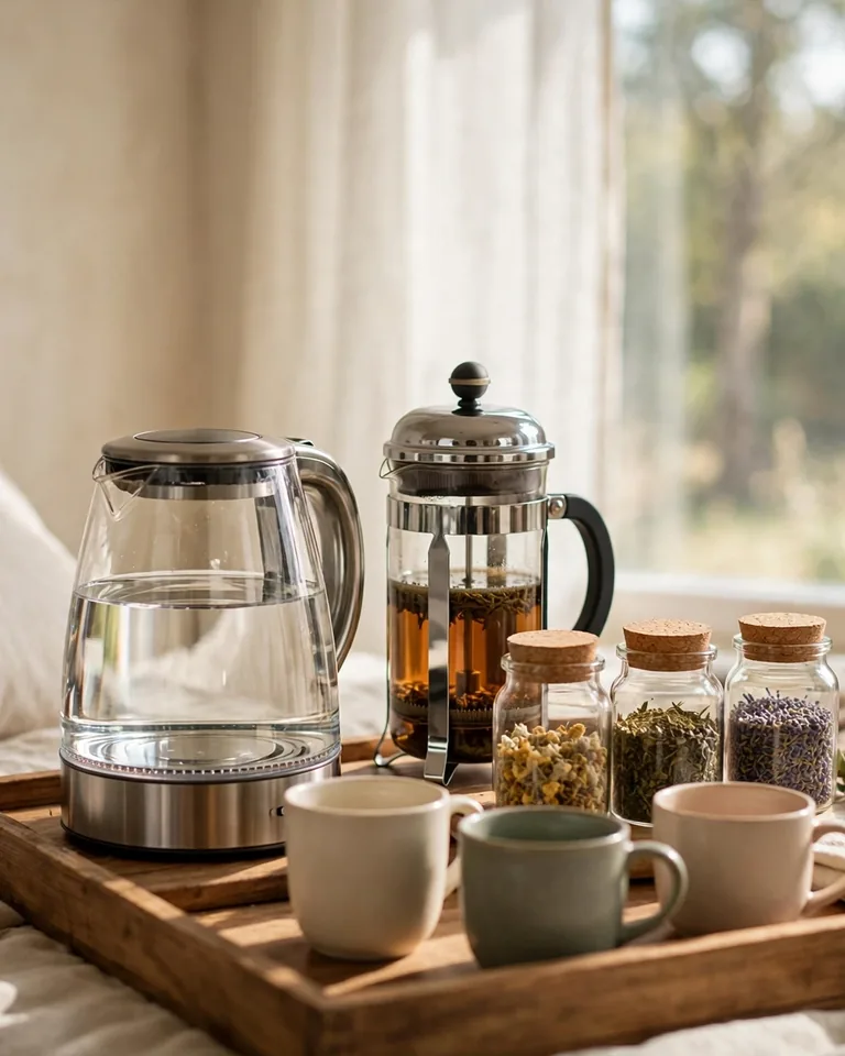 12 Bedroom Coffee Station Ideas That Bring the Morning Brew to Your Room 10 Bedroom drink station with an electric kettle, French press, tea jars, and mugs