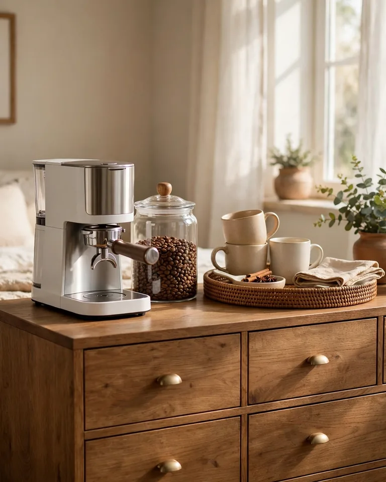 12 Bedroom Coffee Station Ideas That Bring the Morning Brew to Your Room 21 Cozy bedroom coffee station with a coffee maker, mugs, and a styled tray on a dresser