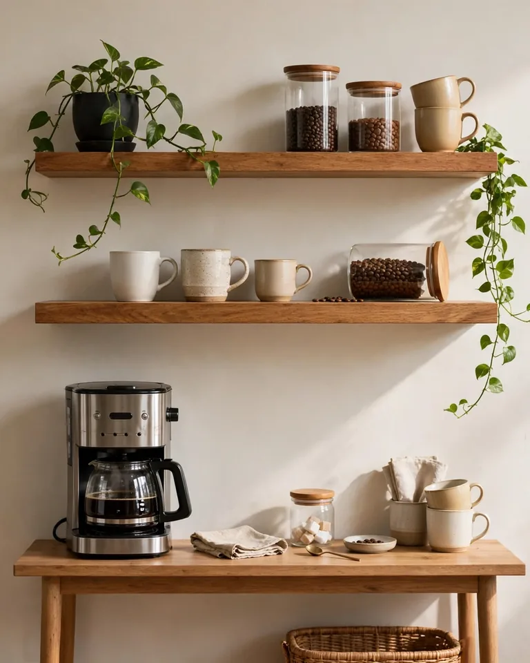 12 Bedroom Coffee Station Ideas That Bring the Morning Brew to Your Room 5 Floating shelves above a console styled with coffee supplies, jars, and mugs