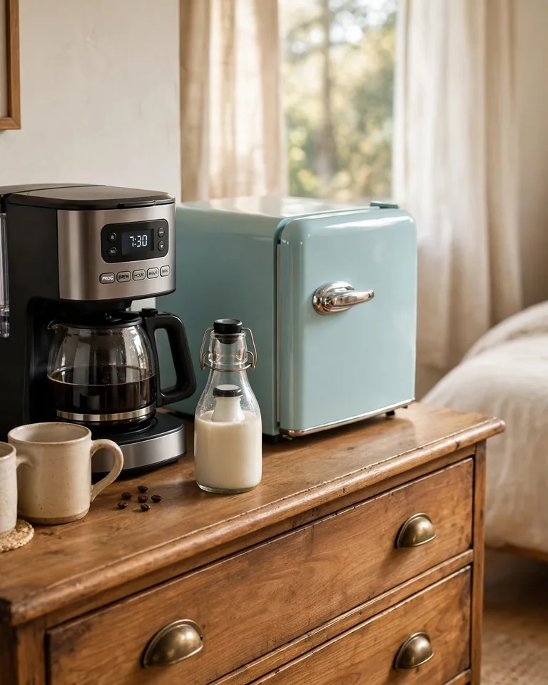 12 Bedroom Coffee Station Ideas That Bring the Morning Brew to Your Room 8 Compact coffee maker paired with a small mini fridge holding creamer and milk