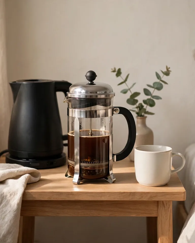 12 Bedroom Coffee Station Ideas That Bring the Morning Brew to Your Room 13 Minimal bedside coffee setup with a French press, kettle, and a single mug