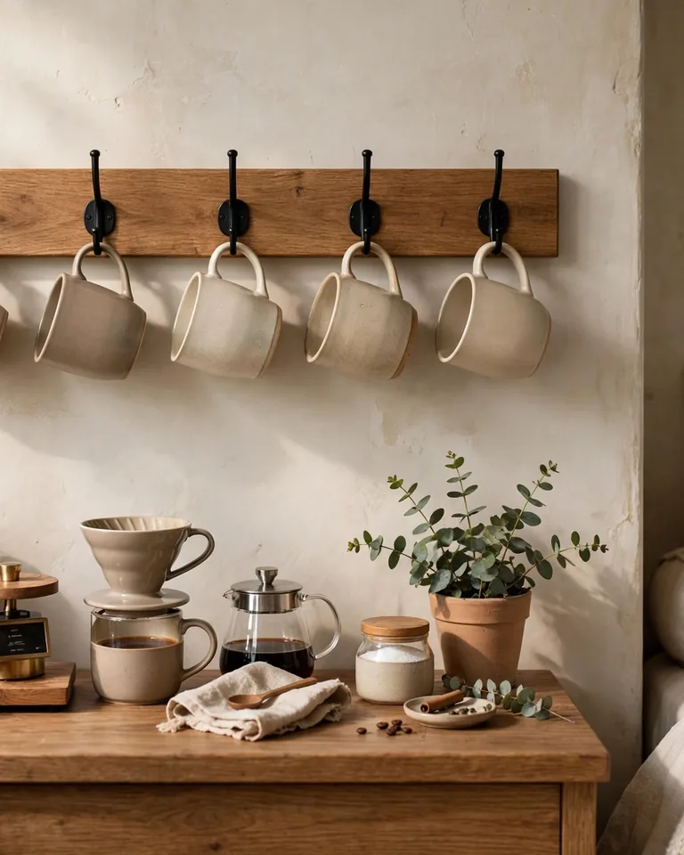 12 Bedroom Coffee Station Ideas That Bring the Morning Brew to Your Room 11 Wall-mounted rack with ceramic coffee mugs hanging on hooks in a bedroom