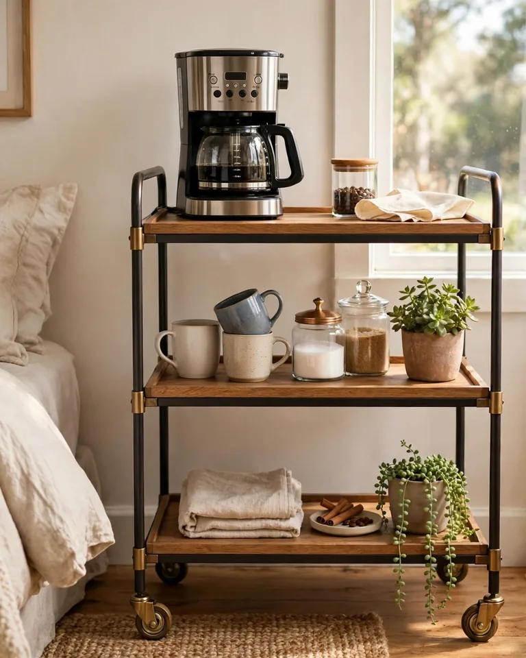 12 Bedroom Coffee Station Ideas That Bring the Morning Brew to Your Room 4 Rolling bar cart set up as a mobile bedroom coffee station with a coffee maker