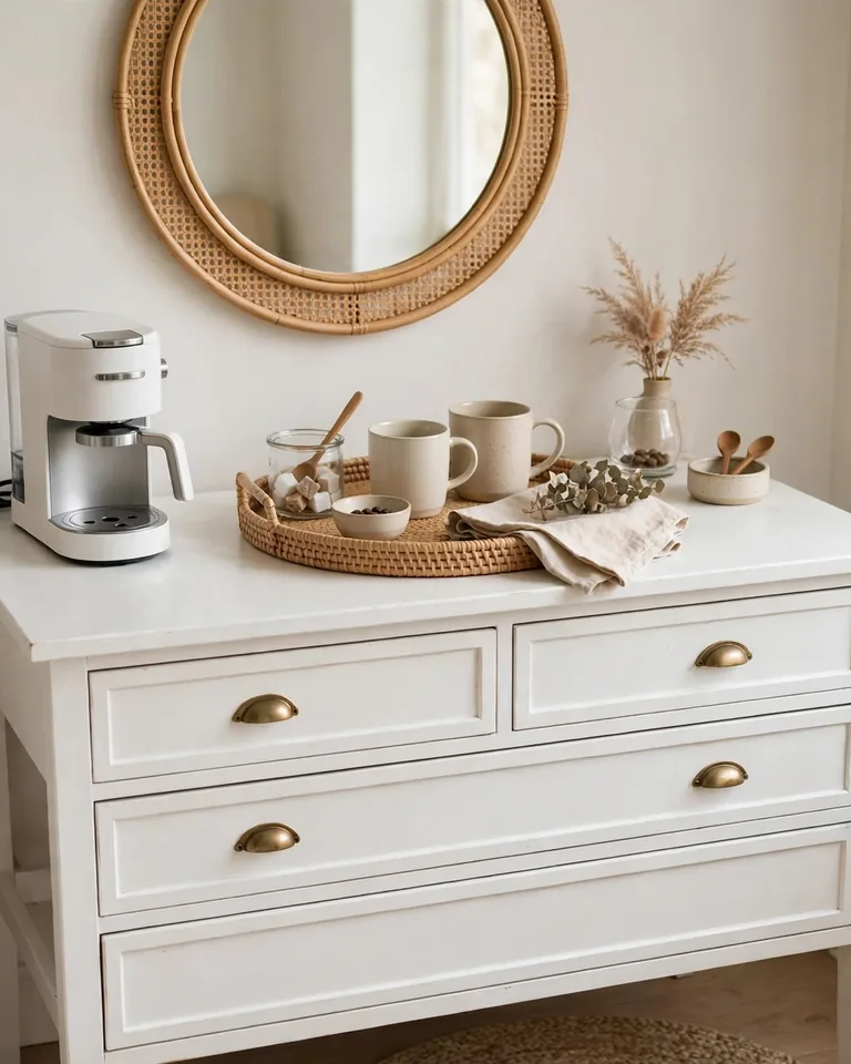 12 Bedroom Coffee Station Ideas That Bring the Morning Brew to Your Room 12 Bedroom vanity desk repurposed as a coffee corner with a brewer and styled mugs
