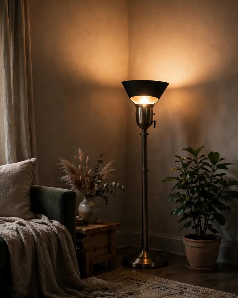 How to Brighten a Dark Room: 15 Fixes That Actually Work 10 Floor lamp aimed toward a wall bouncing soft light across the room