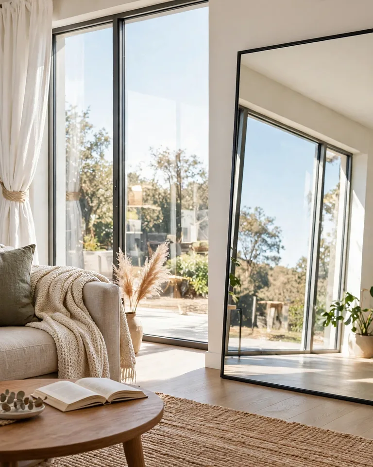 How to Brighten a Dark Room: 15 Fixes That Actually Work 7 Large mirror hung opposite a window reflecting daylight into the room
