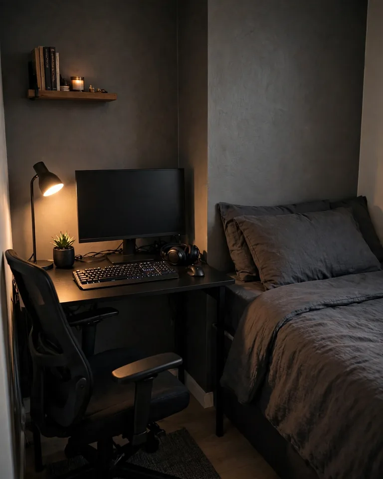 12 Black Gaming Setup Ideas That Look Sleek Without RGB Chaos 7 bgs-bedroom-corner