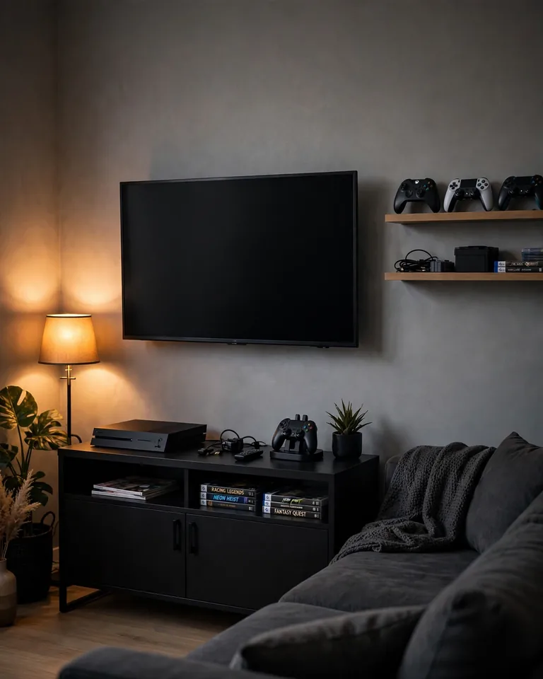 12 Black Gaming Setup Ideas That Look Sleek Without RGB Chaos 15 bgs-console-lounge