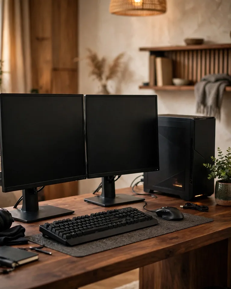 12 Black Gaming Setup Ideas That Look Sleek Without RGB Chaos 8 bgs-wood-hybrid