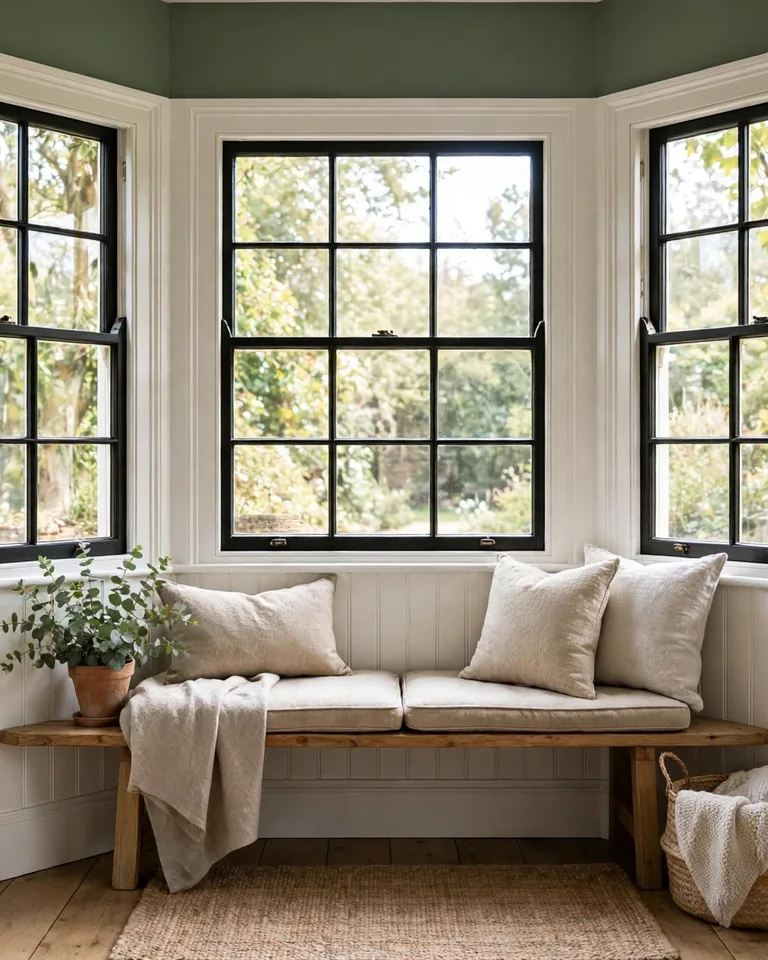 White beadboard wall inside a cozy window alcove