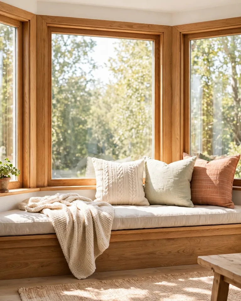 Bright bay window styled with cushions and a plant