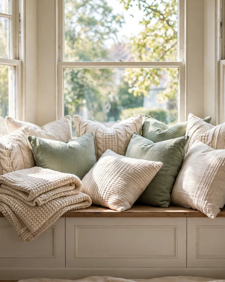 Pile of cushions on a window bench seat