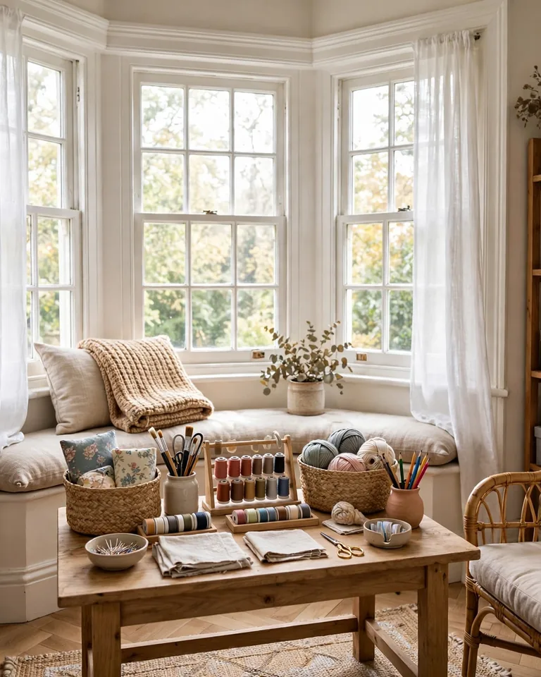 Craft table with organized supplies set up near a bright window