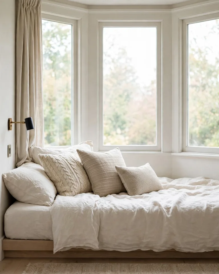 Daybed with linen bedding placed under a bedroom window