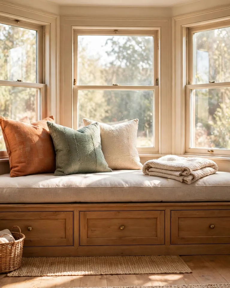 12 Bay Window Ideas That Turn an Awkward Nook Into Your Favorite Spot 21 Bay window with a built-in cushioned window seat and sunlight streaming in