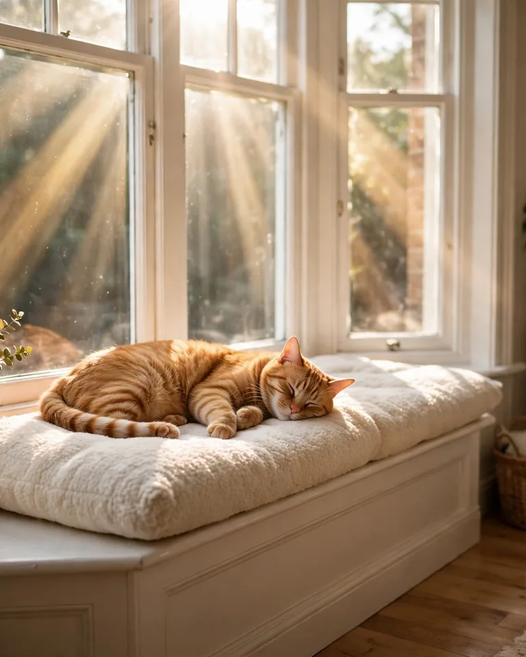 Cat lounging on a cushioned window seat in sunlight