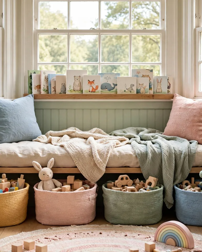 Kids play and reading corner with books by a sunlit window