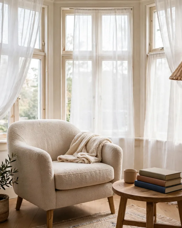 Cozy reading chair with a lamp placed beside a bright window