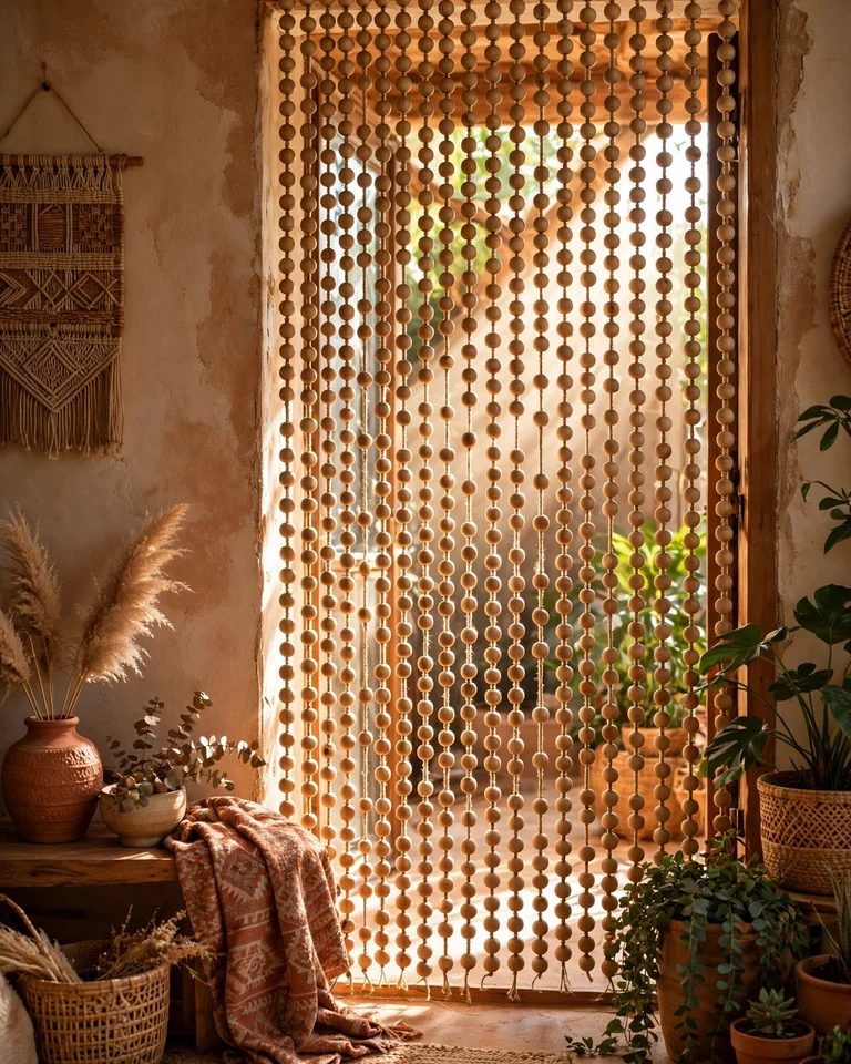 14 Ways to Cover a Doorway Without a Door (Renter-Friendly to Architectural) 9 cdw wooden beaded curtain ai