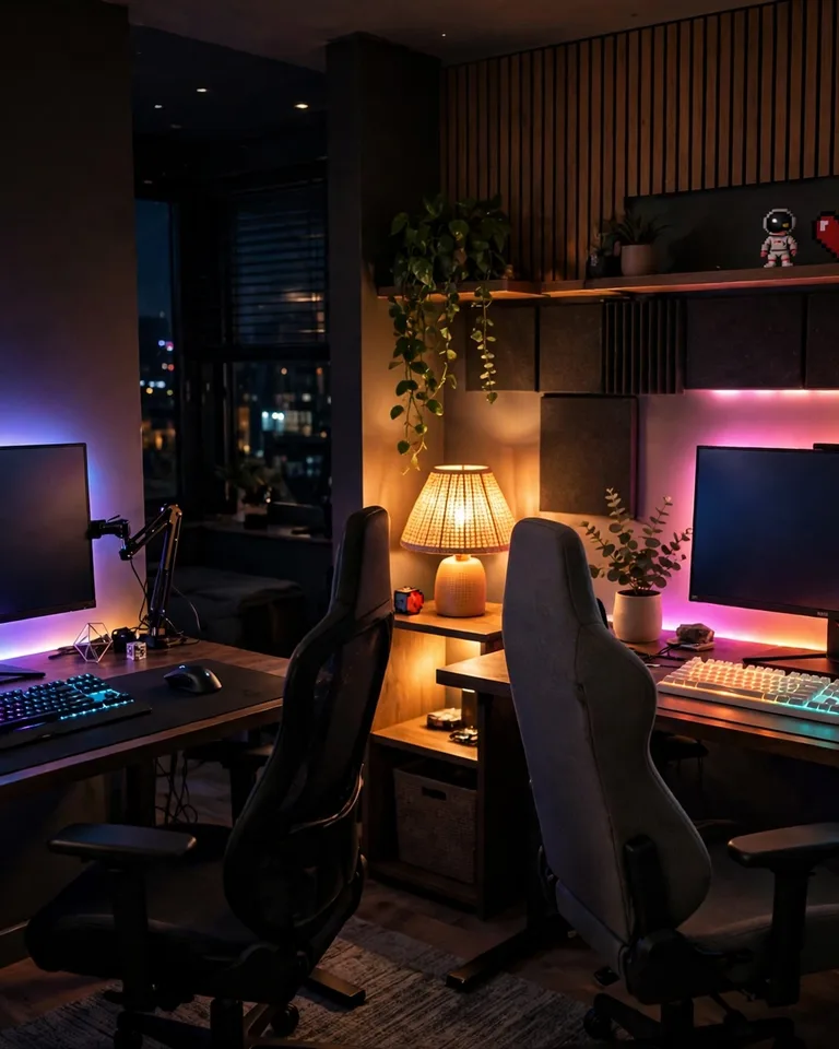 12 Gaming Room Ideas for Couples That Leave Room for Both Players 9 Gaming room bathed in colorful LED strip lighting at night