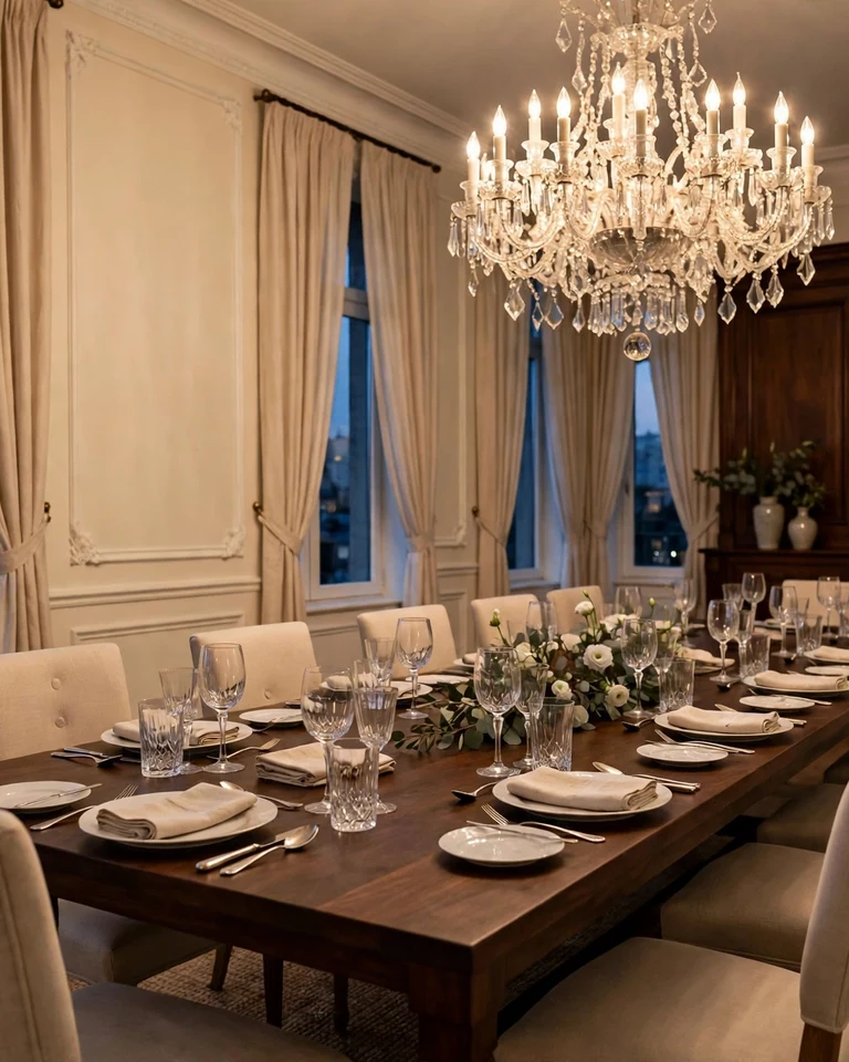 How to Make a Dining Room Look Formal: 12 Ideas That Work in Any Home 1 Elegant formal dining room with a chandelier over a long wood table