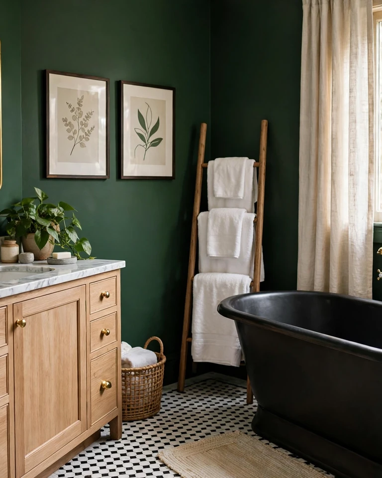 12 Green and Black Bathroom Ideas That Look Expensive, Not Dark 8 Black clawfoot tub in a deep green bathroom