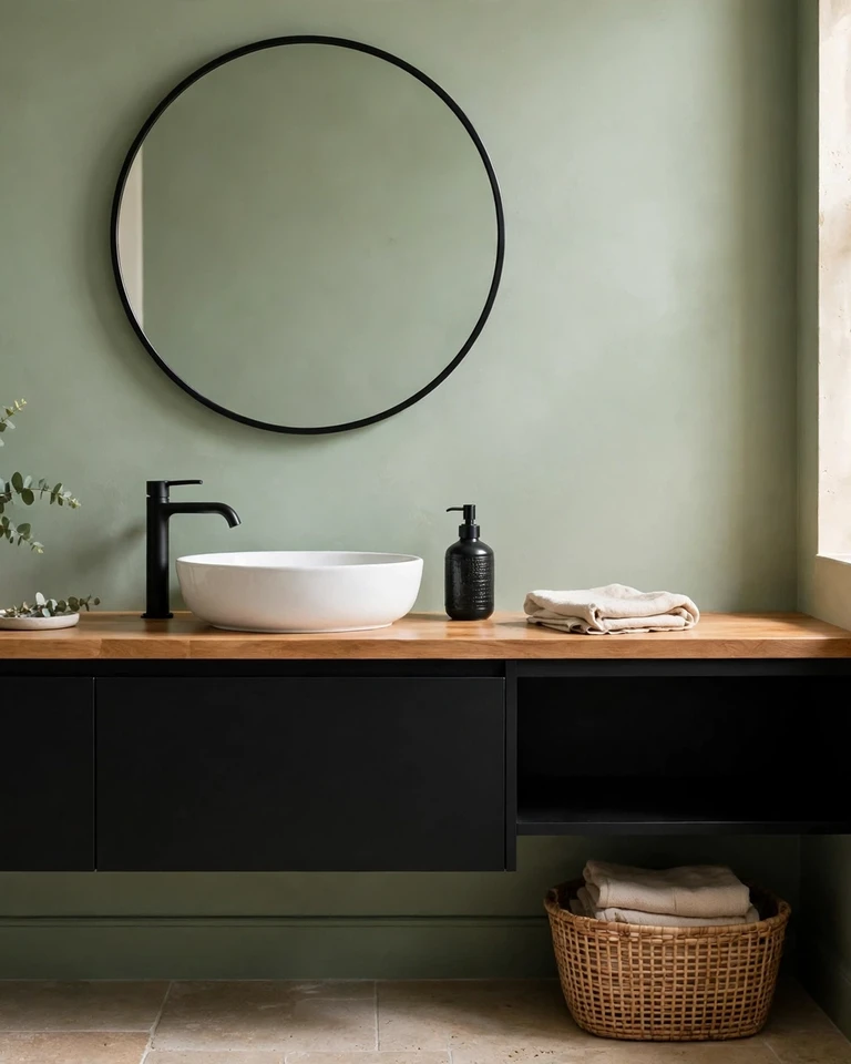 12 Green and Black Bathroom Ideas That Look Expensive, Not Dark 4 Black floating vanity in a sage green bathroom