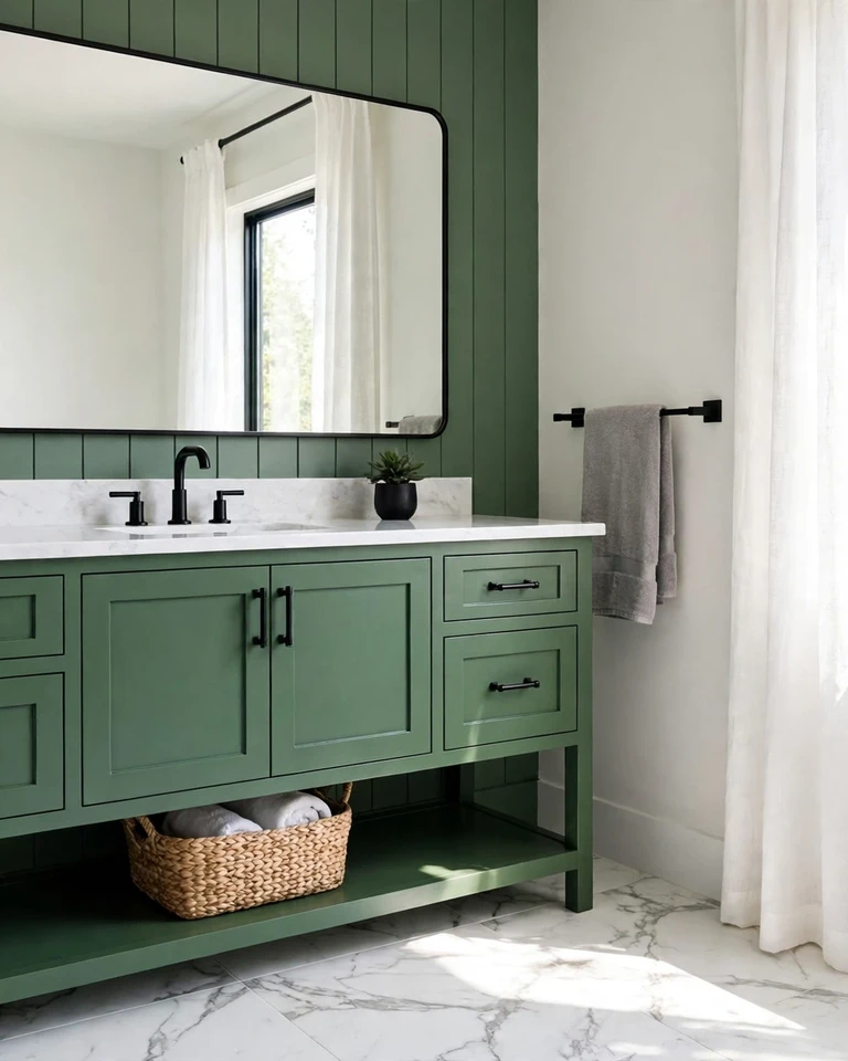12 Green and Black Bathroom Ideas That Look Expensive, Not Dark 16 Finished green and black bathroom with brass details