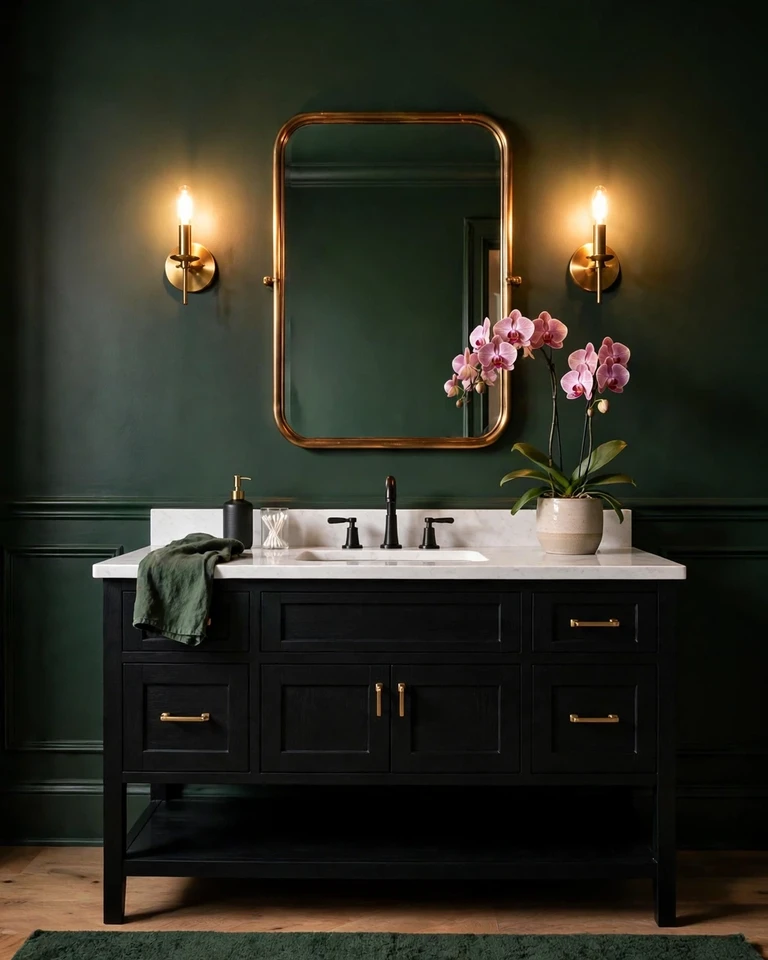 12 Green and Black Bathroom Ideas That Look Expensive, Not Dark 11 Moody dark green bathroom with black accents