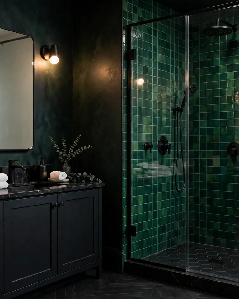 12 Green and Black Bathroom Ideas That Look Expensive, Not Dark 5 Green and black bathroom with plants and natural light