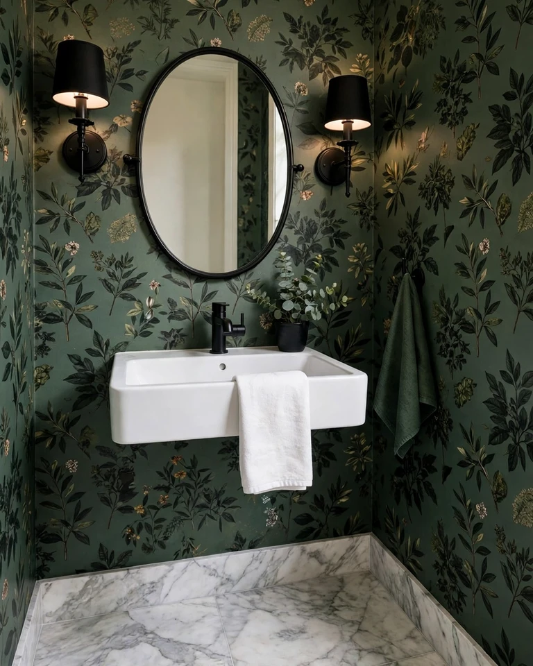 12 Green and Black Bathroom Ideas That Look Expensive, Not Dark 7 Powder room with green botanical wallpaper and black-framed mirror