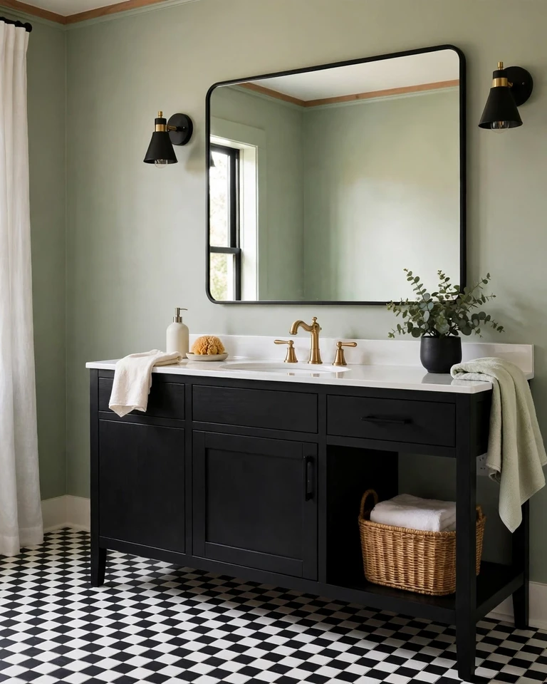 12 Green and Black Bathroom Ideas That Look Expensive, Not Dark 9 Black and white checkerboard floor in a green bathroom