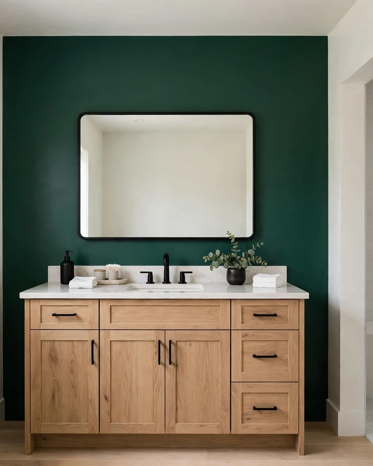 12 Green and Black Bathroom Ideas That Look Expensive, Not Dark 2 Bathroom with a deep emerald green accent wall and black trim