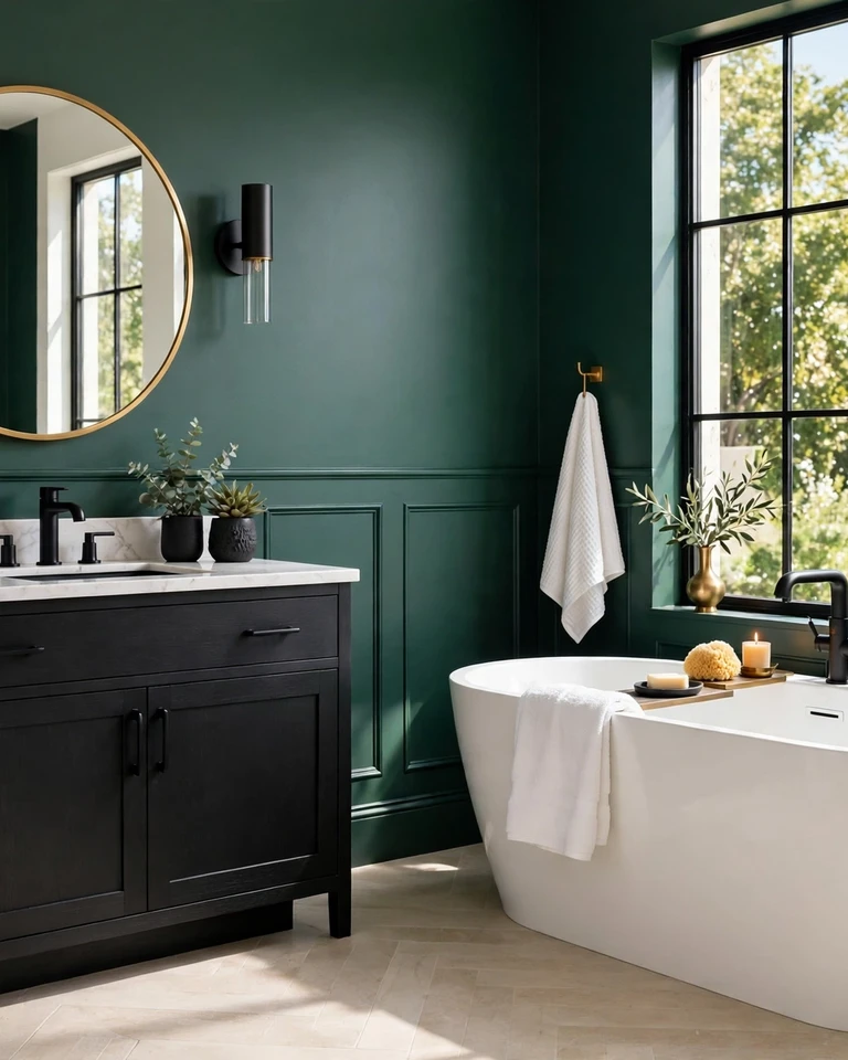 12 Green and Black Bathroom Ideas That Look Expensive, Not Dark 1 Elegant bathroom with deep green walls and matte black fixtures