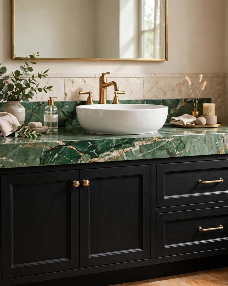 12 Green and Black Bathroom Ideas That Look Expensive, Not Dark 6 Green marble vanity top on black bathroom cabinetry