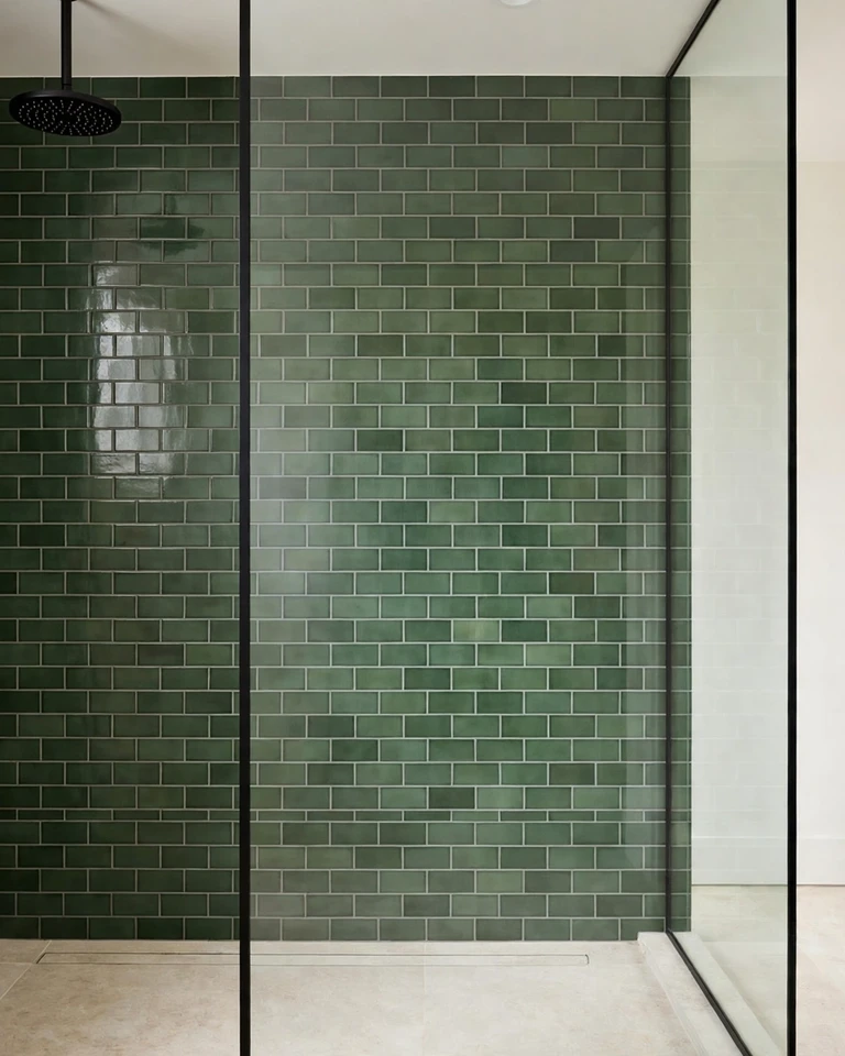 12 Green and Black Bathroom Ideas That Look Expensive, Not Dark 3 Shower with hunter green subway tiles and matte black fixtures