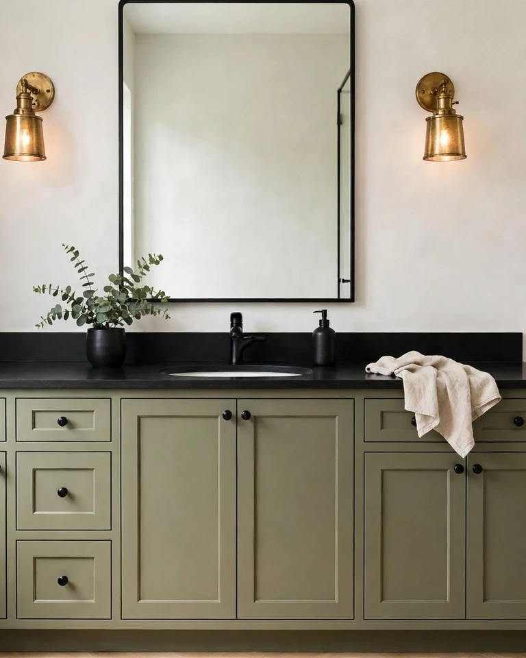 12 Green and Black Bathroom Ideas That Look Expensive, Not Dark 12 Olive green bathroom cabinets with a black countertop