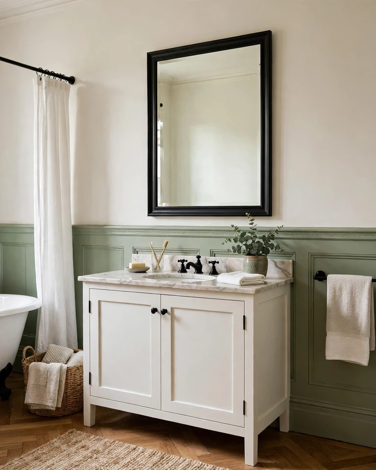12 Green and Black Bathroom Ideas That Look Expensive, Not Dark 10 Sage green wainscoting with black hardware in a bathroom