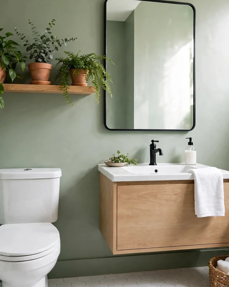 12 Green and Black Bathroom Ideas That Look Expensive, Not Dark 15 Small green bathroom with white fixtures and leafy plants