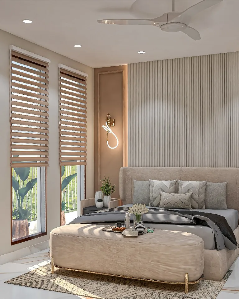 Living room with warm layered lighting from lamps and ceiling light