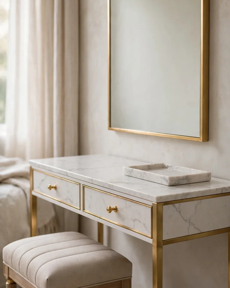 13 Makeup Vanity Table Ideas That Make Your Bedroom Feel Finished 13 mvt marble gold vanity 1