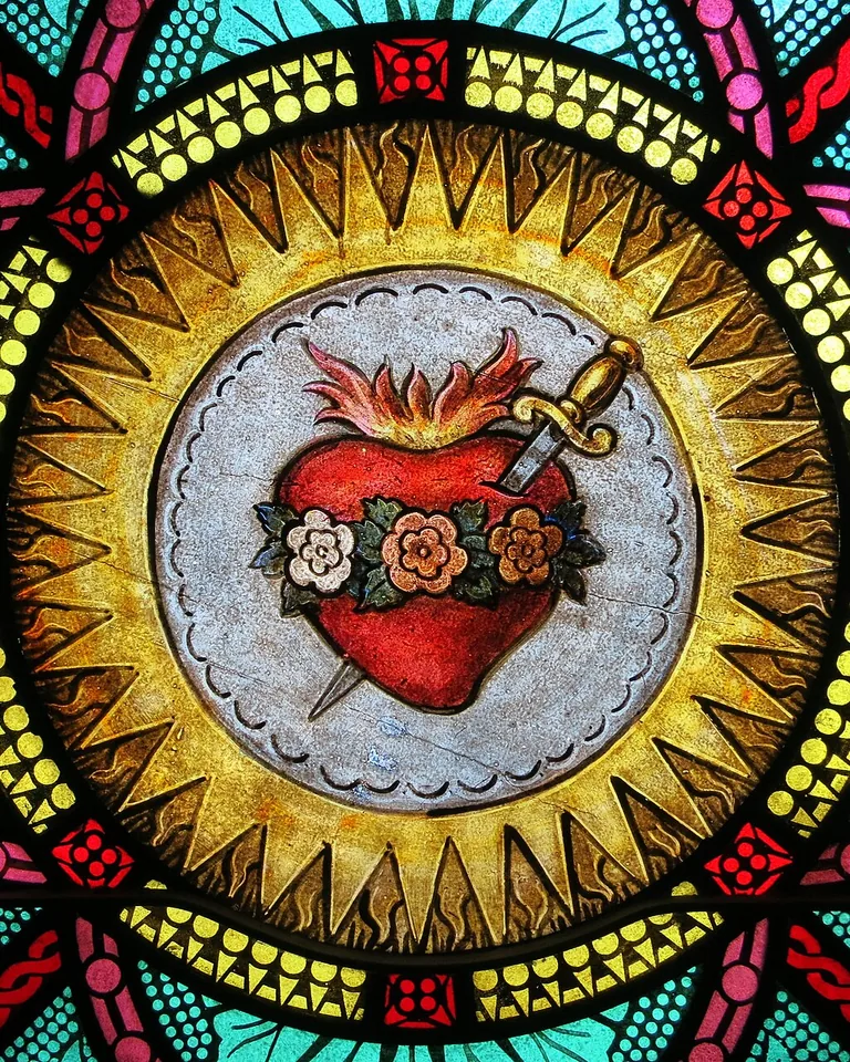 Colorful stained glass style window design in a home interior
