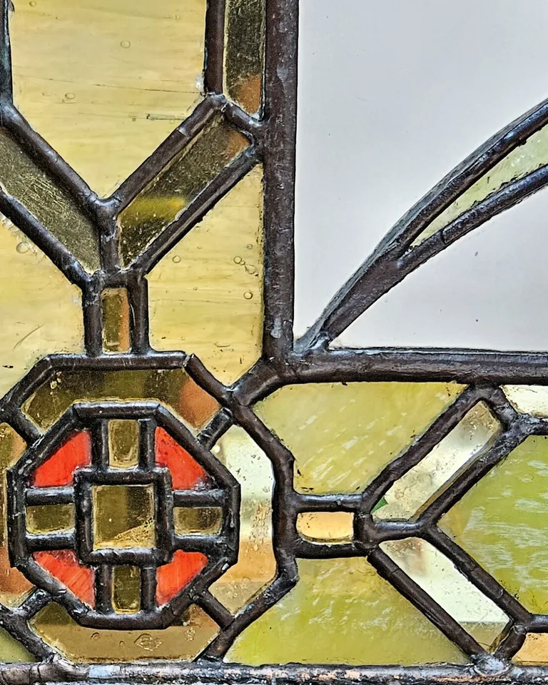 Close-up detail of leaded stained glass window craftsmanship