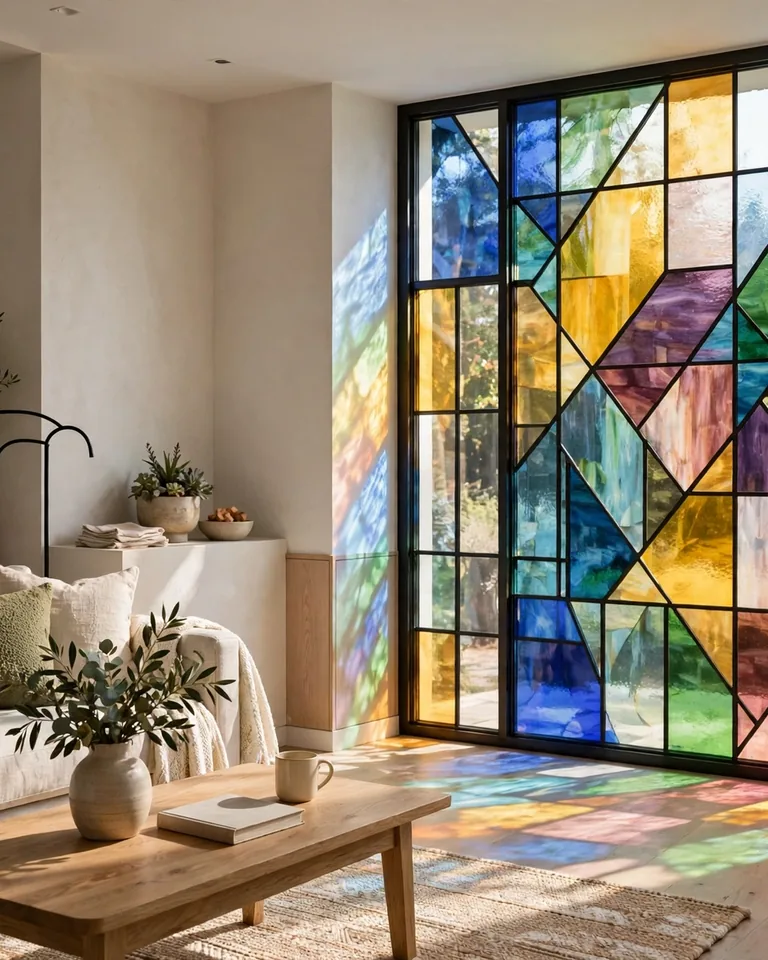 14 Stained Glass Window Ideas That Add Color, Light, and Character to Any Home 19 Stained glass window glowing with colored light in a home interior