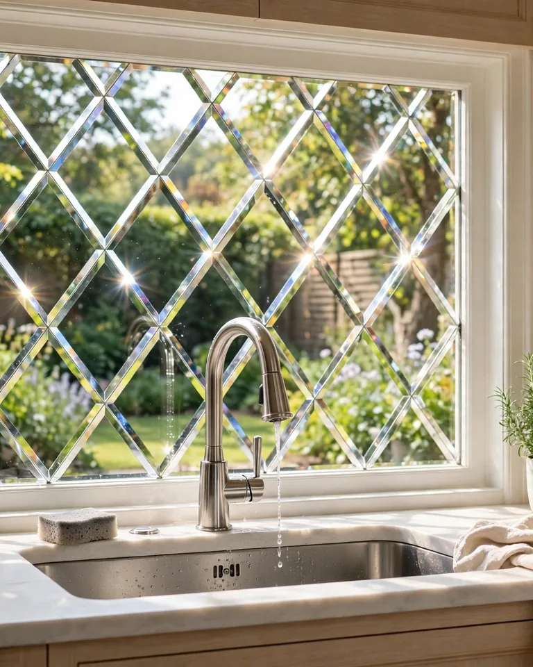 Clear beveled glass window sparkling over a kitchen sink