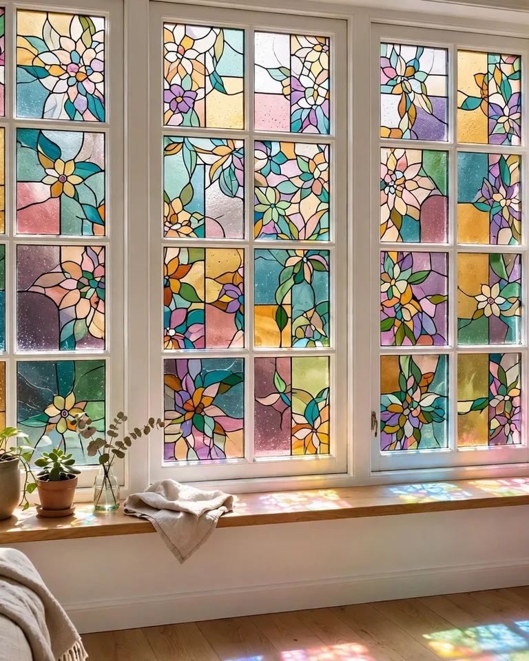 Stained glass window film applied to a home window
