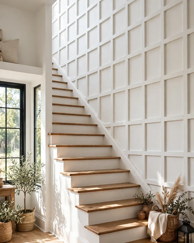 MDF batten grid accent wall on a staircase